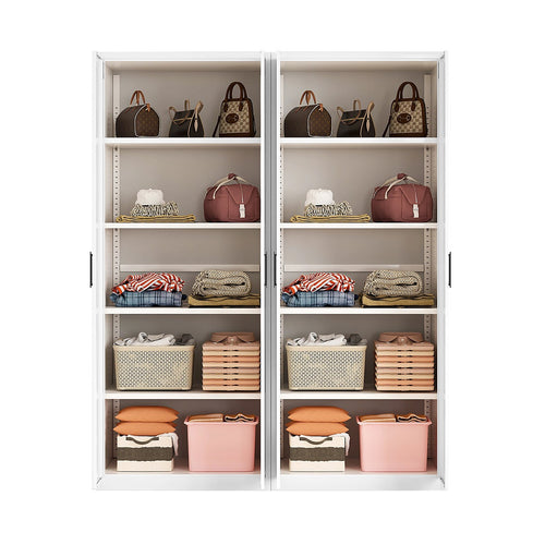 160x200cm 4-Door White Steel Shelf Wardrobe with Black Handle Storage Cabinet