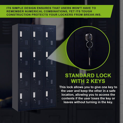 12-Door Locker – Black with Standard Lock with 2 Keys | Secure Storage for Office, Gym or School Use