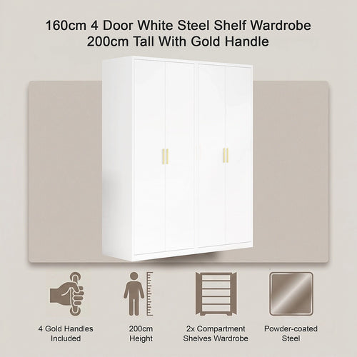 160x200cm 4-Door White Steel Shelf Wardrobe with Gold Handle Storage Cabinet