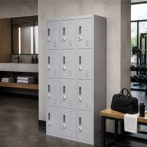 12-Door Steel Locker – Grey, 3-Digit Combination Lock