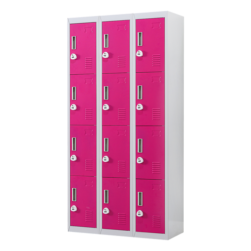 12-Door Locker – Grey with Pink Door with 3-Digit Combination Lock | Secure Storage for Office, Gym or School Use