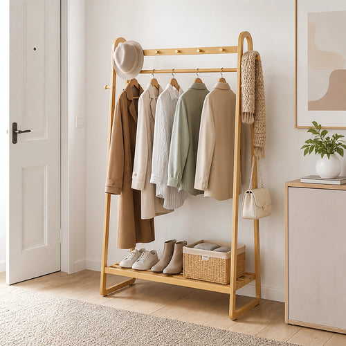 Wood Slim Clothes Rack 160x100cm Space Saving Floor Stand