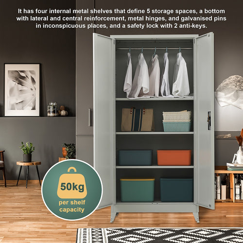 Double-Door Metal Cabinet with 4 Shelves – Office, Garage, or Home Storage in Grey with Legs