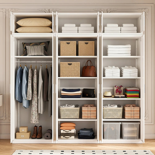 240x240cm 6-Door White Steel 1 Hanging and 2 Shelf Wardrobe with White Handle Storage Cabinet