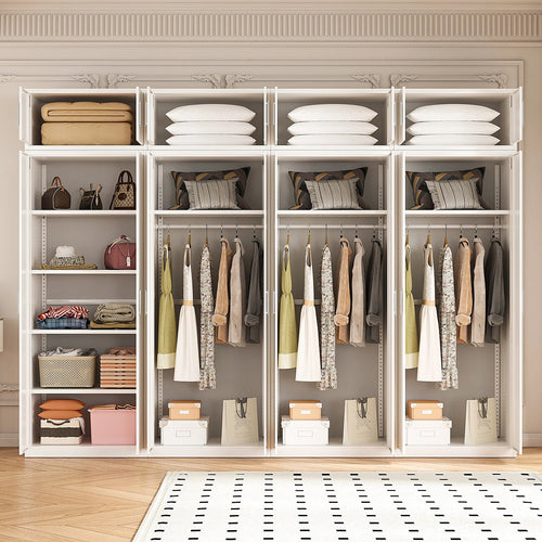 320x240cm 8-Door White Steel 3 Hanging and 1 Shelf Wardrobe with White Handle Storage Cabinet