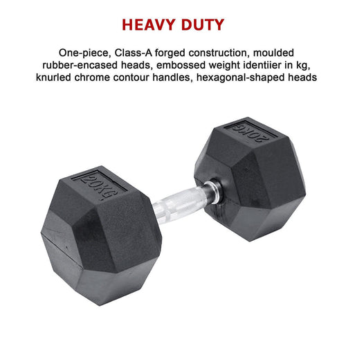 20kg Commercial Rubber Hex Dumbbell Gym Weight