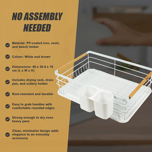 Metal Dish Drying Rack Drainboard Holder Tray Kitchen Plates Cutlery Wood Handle