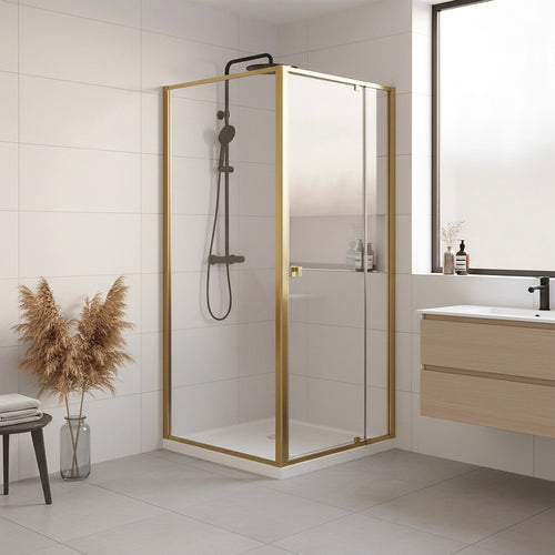 Adjustable Semi Frameless Shower Screen Front: (82~90)x195cm with Gold Hardware and Side: (89~92)x195cm