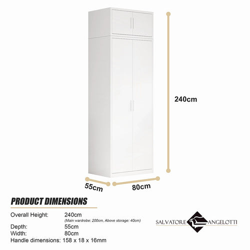 80x240cm 2-Door White Steel Hanging Wardrobe with White Handle Storage Cabinet