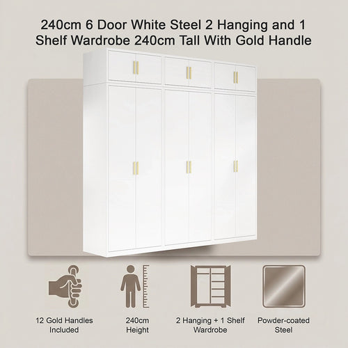 240x240cm 6-Door White Steel 2 Hanging and 1 Shelf Wardrobe with Gold Handle Storage Cabinet