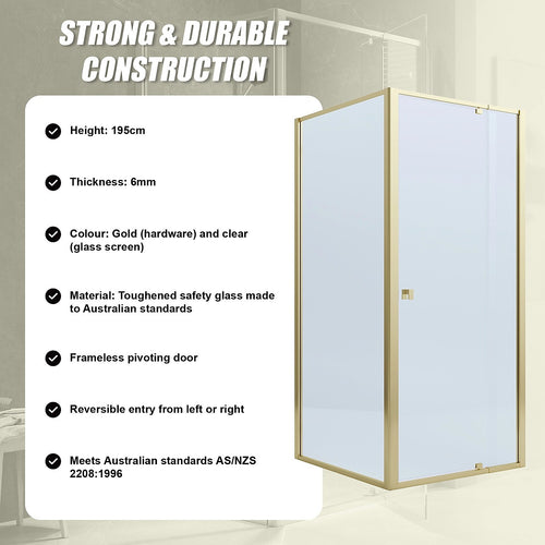 Adjustable Semi Frameless Shower Screen Front: (98~106)x195cm with Gold Hardware and Side: (77~80)x195cm