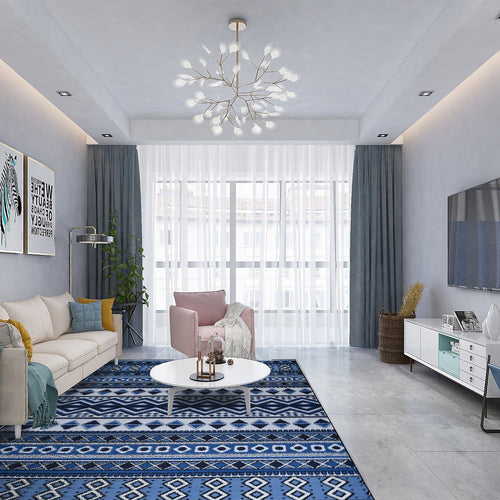 200x300cm Large Floor Blue Ethnic Rug – Modern Area Carpet for Bedroom, Living Room, Lounge or Home Décor Mat