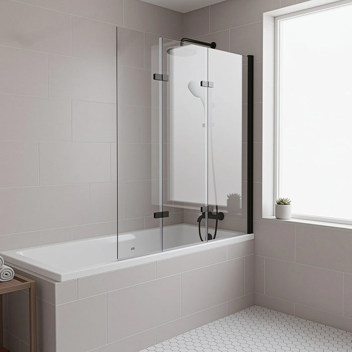 3 Fold Black Folding Bath Shower Screen Door Panel - 130 x 140cm