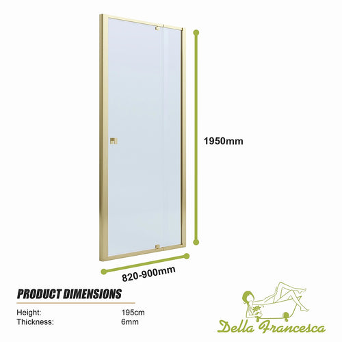 Adjustable Semi Frameless Shower Screen Front: (82~90)x195cm with Gold Hardware and No Side Return