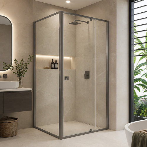 Semi-Frameless Shower Screen – Gunmetal, Front: (98~106)x195cm, Side: (77~80)x195cm