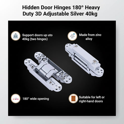 Hidden Door Hinges 180° Heavy Duty 3D Adjustable Silver 40kg Capacity