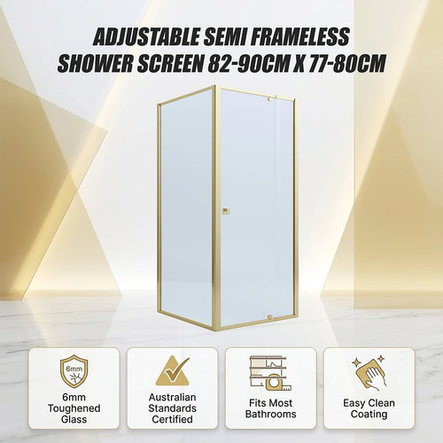 Adjustable Semi Frameless Shower Screen Front: (82~90)x195cm with Gold Hardware and Side: (77~80)x195cm