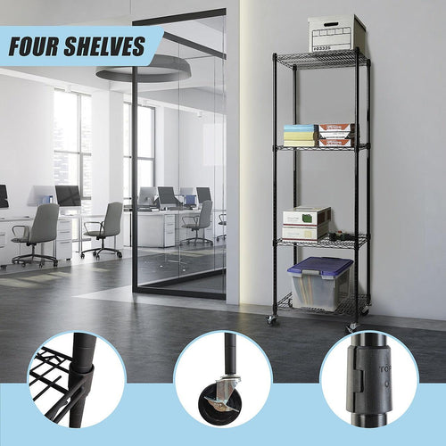Modular Wire Storage Shelf 350 x 350 x 1800mm Steel Shelving - Baking Black Technology with Wheels