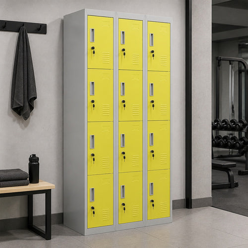 12-Door Steel Locker – Grey with Yellow Door, Standard Lock with 2 Keys