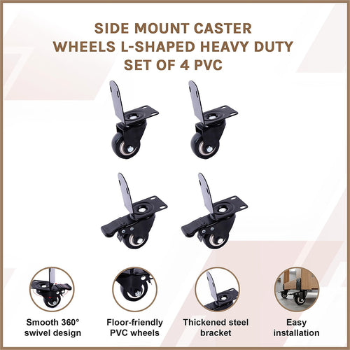 Side Mount Caster Wheels L-Shaped Heavy Duty PVC Set of 4