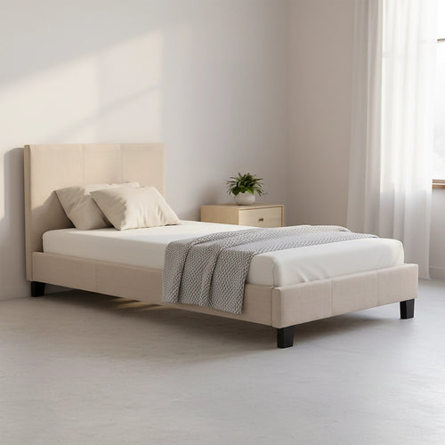 Single Size Bed Frame with Headboard – Beige Linen Fabric