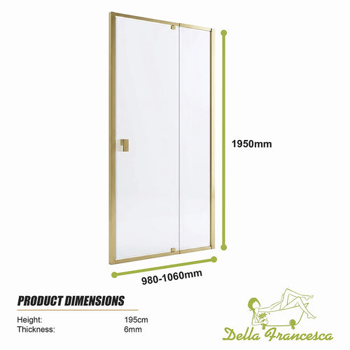 Adjustable Semi Frameless Shower Screen Front: (98~106)x195cm with Gold Hardware and No Side Return