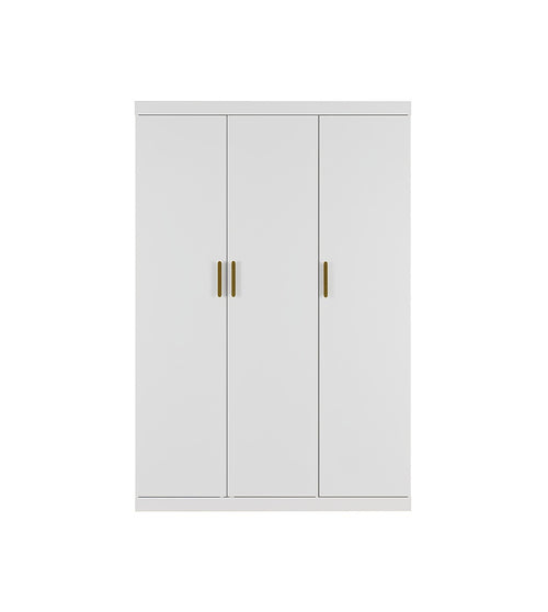 3 Door White Wardrobe – Gold Handles, Hanging Rail & Shelves