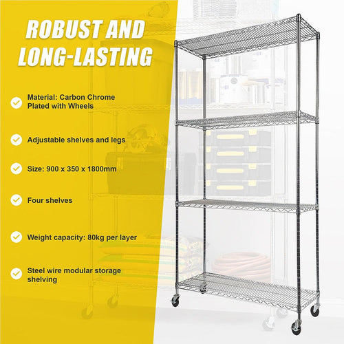 Modular Wire Storage Shelf 900 x 350 x 1800mm Steel Shelving - Carbon Chrome Plated with Wheels
