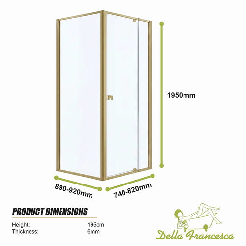 Adjustable Semi Frameless Shower Screen Front: (74~82)x195cm with Gold Hardware and Side: (89~92)x195cm