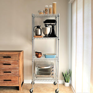 Modular Wire Storage Shelf 350 x 350 x 1800mm Steel Shelving - Carbon Chrome Plated with Wheels