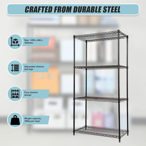 Modular Wire Storage Shelf 1200 x 450 x 1800mm Steel Shelving - Baking Black Technology