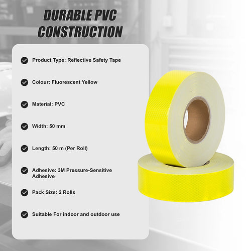 Hi Vis Reflective Tape 2 Pack 50mm x 50m 3M Adhesive Yellow