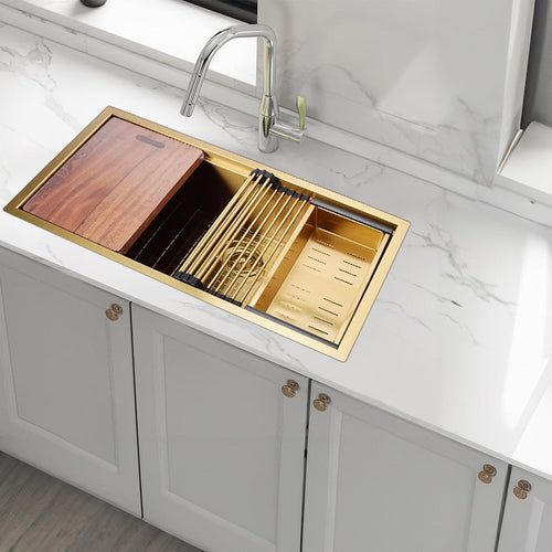 BRIENZ 32-inch Nano Workstation Ledge Undermount 16 Gauge Stainless Steel Kitchen Sink Single Bowl in Gold with sand-finish