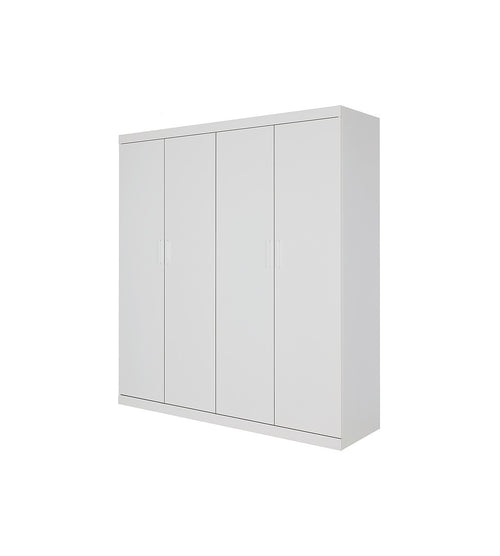 4 Door White Wardrobe Cabinet – Hanging Rail, Shelves & White Handles