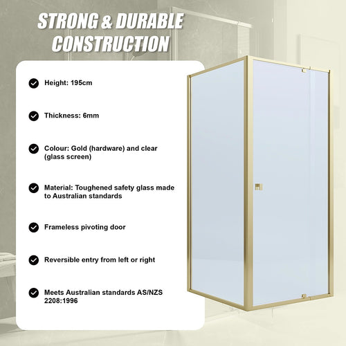 Adjustable Semi Frameless Shower Screen Front: (82~90)x195cm with Gold Hardware and Side: (98~101)x195cm
