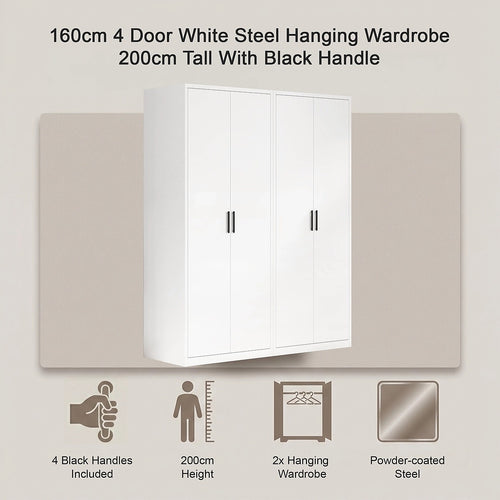 160x200cm 4-Door White Steel Hanging Wardrobe with Black Handle Storage Cabinet
