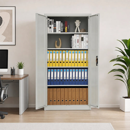 Double-Door Metal Cabinet with 4 Shelves – Office, Garage, or Home Storage in Grey without Legs