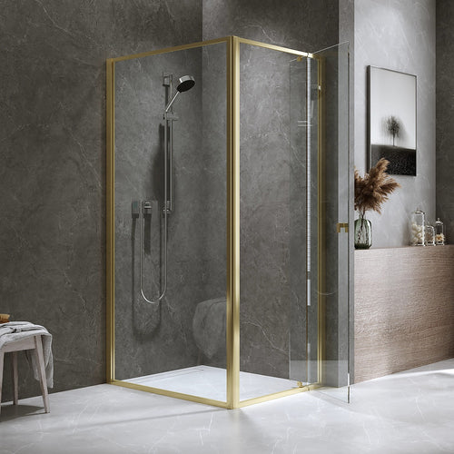Adjustable Semi Frameless Shower Screen Front: (74~82)x195cm with Gold Hardware and Side: (98~101)x195cm