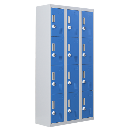 12-Door Locker – Grey with Blue Door with 3-Digit Combination Lock | Secure Storage for Office, Gym or School Use