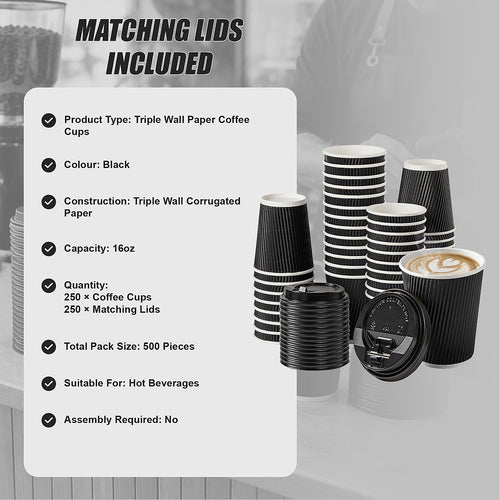 Black Triple Wall Coffee Cups with Matching Lids 500 Piece set 16oz