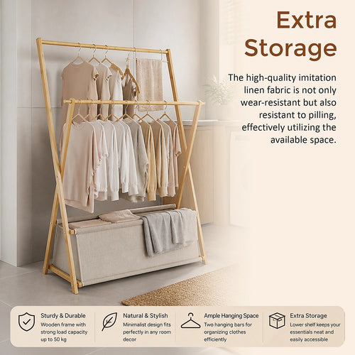 100x155cm Freestanding Clothes Rail Garment Rack in Wood with Storage Shelf – Stylish, Space-Efficient Organiser