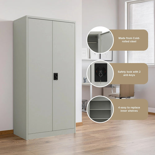Double-Door Metal Cabinet with 4 Shelves – Office, Garage, or Home Storage in Grey without Legs