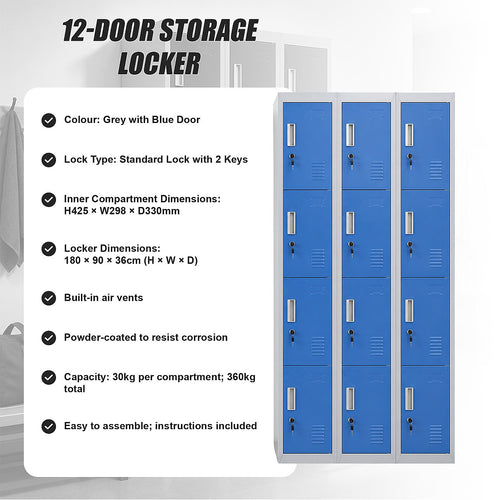 12-Door Steel Locker – Grey with Blue Door, Standard Lock with 2 Keys