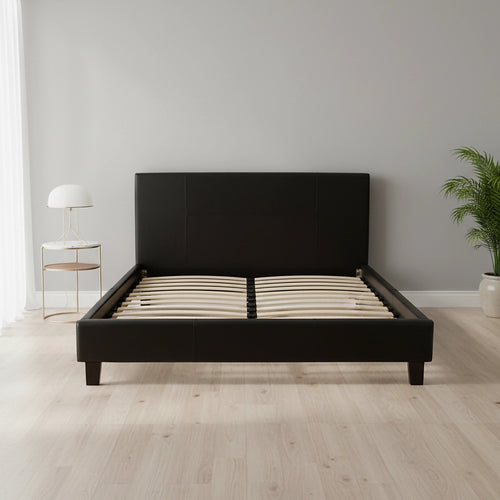 Double Size Bed Frame with Headboard – Black PU Leather