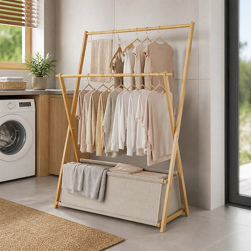 100x155cm Freestanding Clothes Rail Garment Rack in Wood with Storage Shelf – Stylish, Space-Efficient Organiser