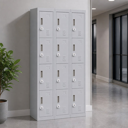 12-Door Steel Locker – Grey, 3-Digit Combination Lock