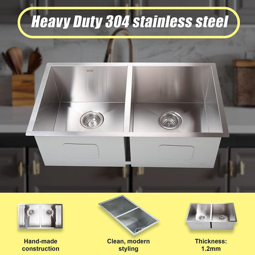 820x457mm Handmade Stainless Steel Sink with Waste and Drain Plug - Undermount/Topmount
