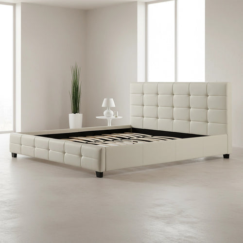 King Deluxe White PU Leather Upholstered Bed Frame with Headboard & Slats