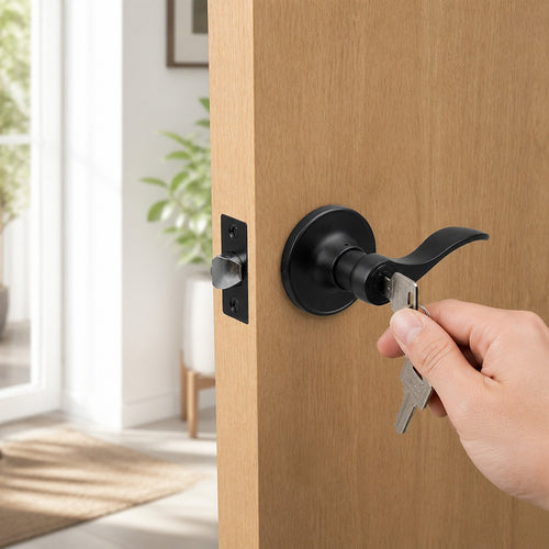 Door Handle Set Lever – Key Lock Function with Wave-style Black Design and Functional Style