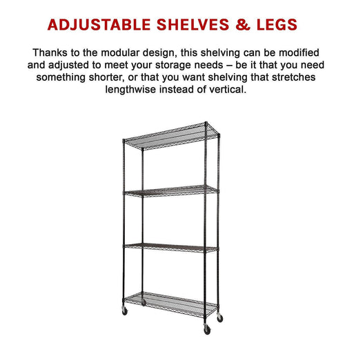 Modular Wire Storage Shelf 900 x 350 x 1800mm Steel Shelving - Baking Black Technology with Wheels
